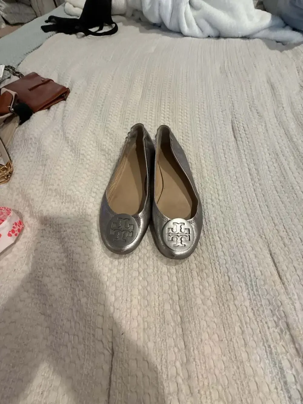 Tory Burch Reva Metallic Silver Leather Ballet Flats